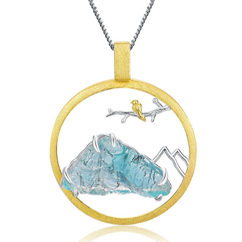 Fortune Lotus Bird &amp; Mountain Natural Crystal Pendant Necklace – Harmony with Nature – Necklace for tags