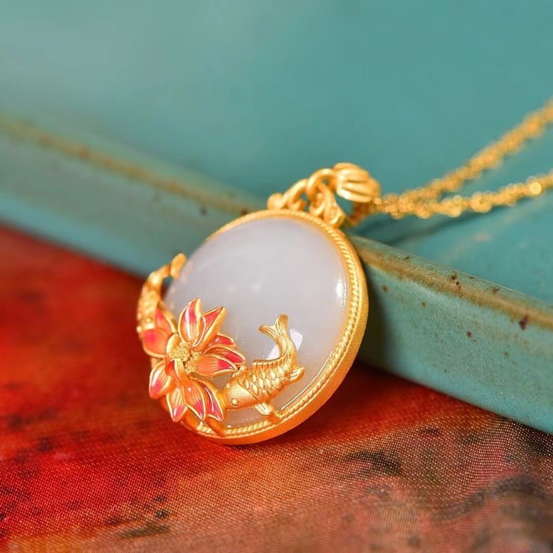 Fortune Lotus Carp & Lotus Sterling Silver Hetian Jade Pendant Necklace for Women – Symbol of Harmony & Prosperity – Bracelet