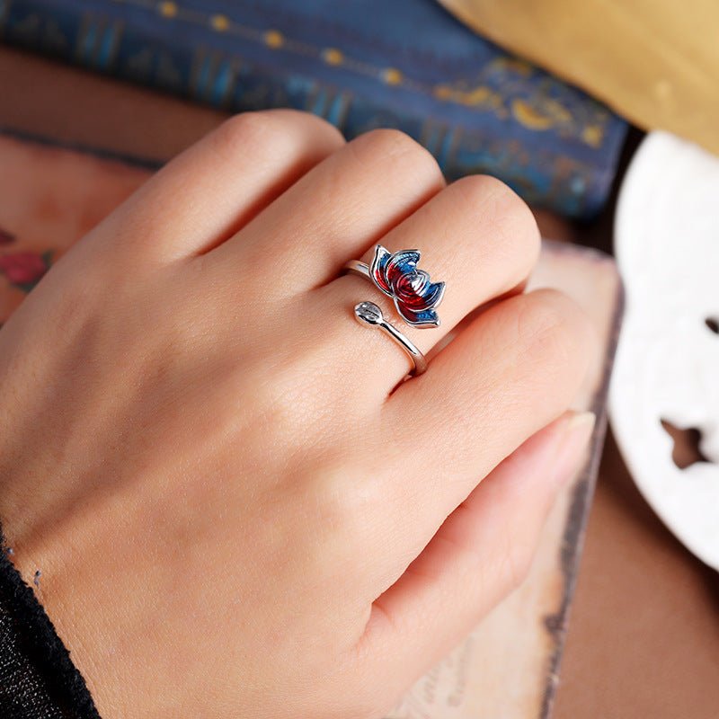 Fortune Lotus Enamel Open Silver Ring – Artistry, Grace &amp; Balance – Rings for tags