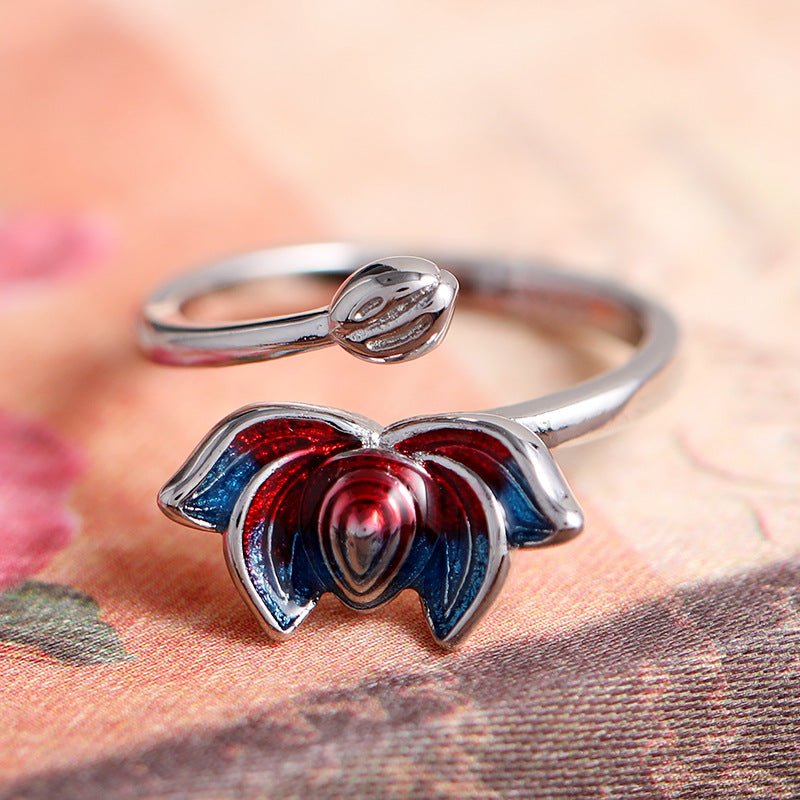Fortune Lotus Enamel Open Silver Ring – Artistry, Grace &amp; Balance – Rings for tags