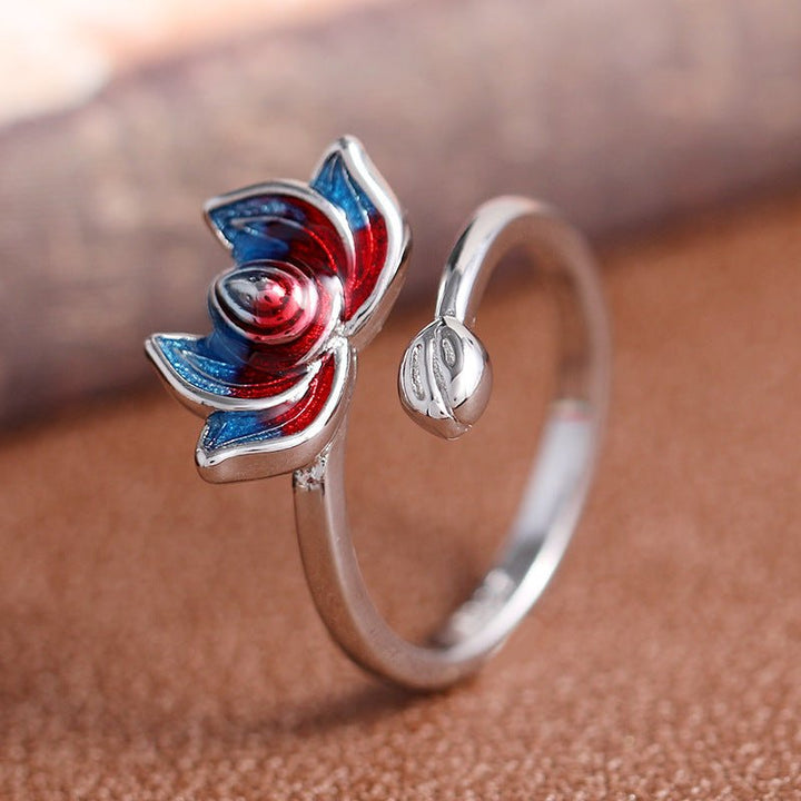 Fortune Lotus Enamel Open Silver Ring – Artistry, Grace &amp; Balance – Rings for tags