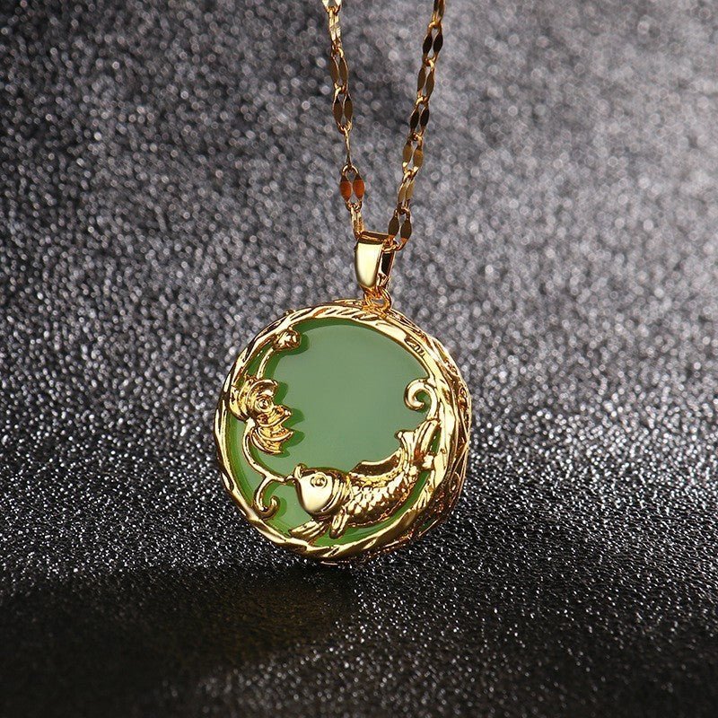 Fortune Lotus Gold - Plated Pendant Necklace – Jade &amp; White Stone Design for Elegance &amp; Harmony – Necklace for tags