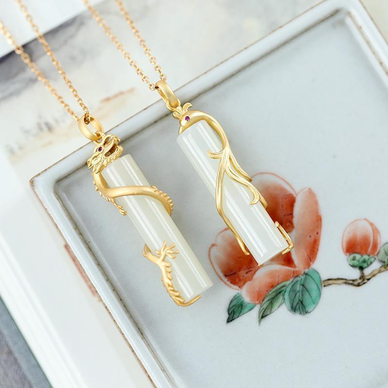 Fortune Lotus Hetian Jade Dragon &amp; Phoenix Pendant Necklace – Prosperity and Harmony Symbol – Necklace for tags