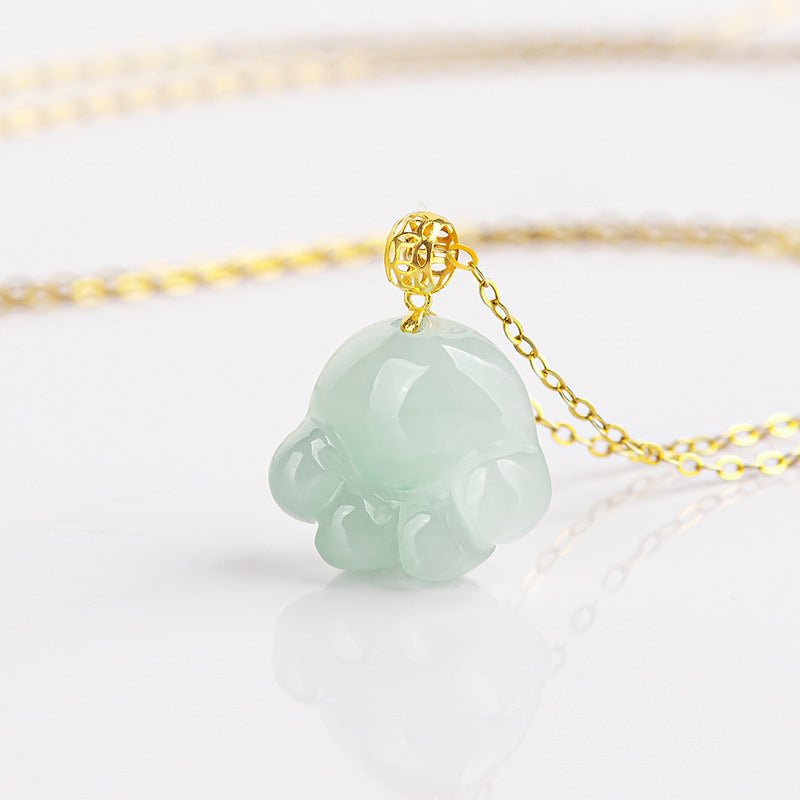 Fortune Lotus Light Green Jade Cat’s Paw Pendant Necklace – 18K Gold Buckle – Necklace for tags