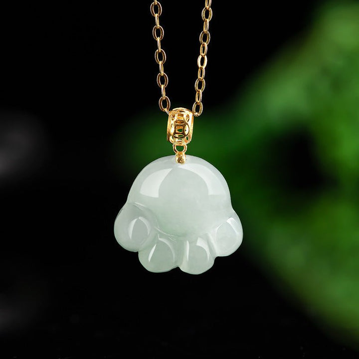 Fortune Lotus Light Green Jade Cat’s Paw Pendant Necklace – 18K Gold Buckle – Necklace for tags