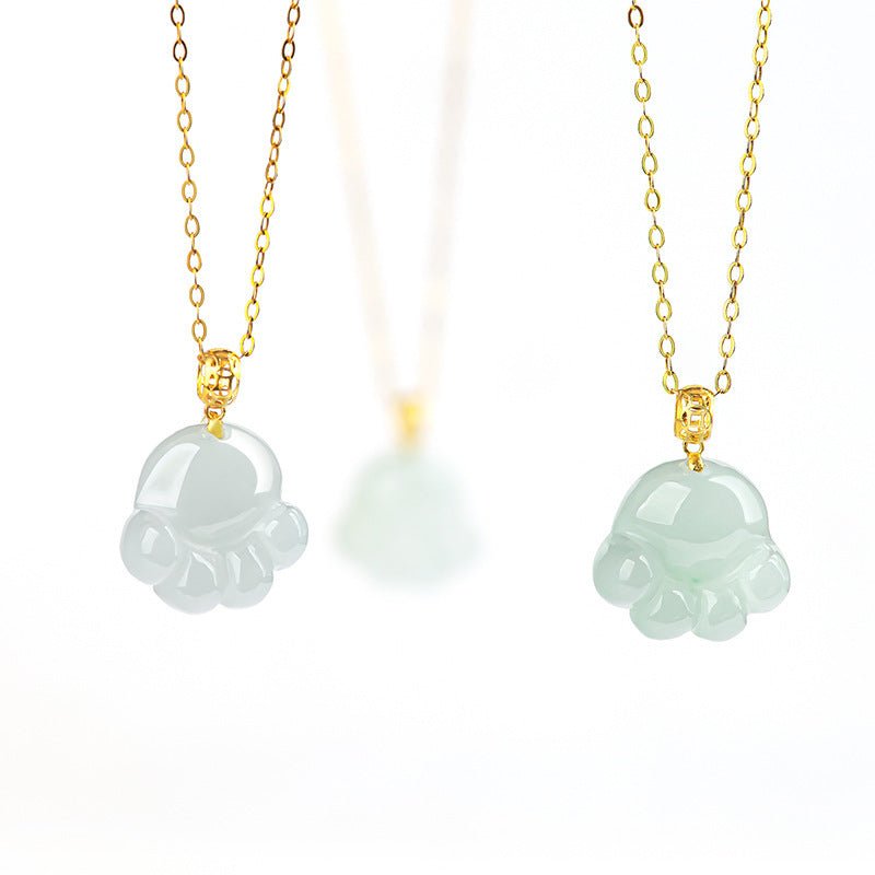 Fortune Lotus Light Green Jade Cat’s Paw Pendant Necklace – 18K Gold Buckle – Necklace for tags