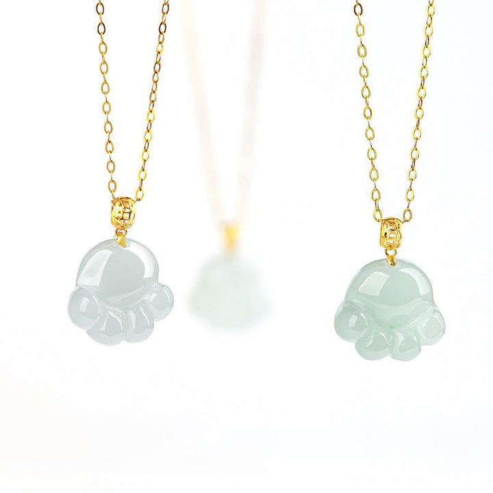 Fortune Lotus Light Green Jade Cat’s Paw Pendant Necklace – 18K Gold Buckle – Necklace for tags
