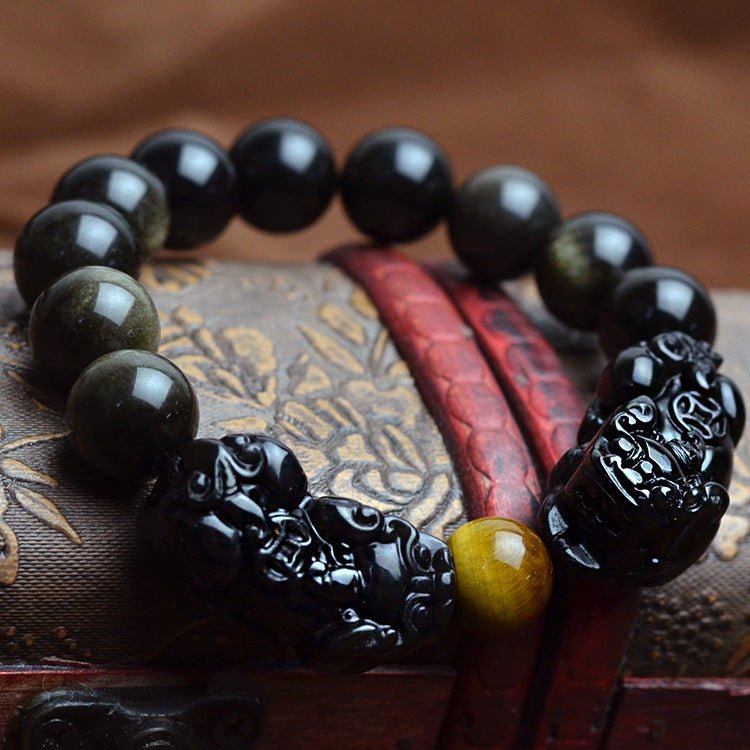 Fortune Lotus Obsidian and Gold Obsidian Pixiu Bracelet – Feng Shui Wealth &amp; Protection Talisman – Bracelet for tags