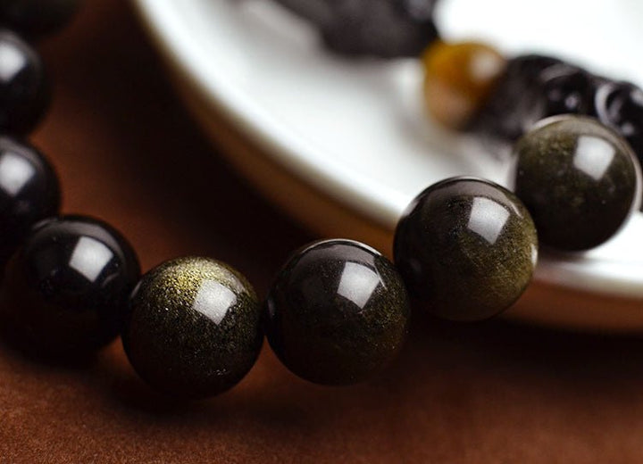 Fortune Lotus Obsidian and Gold Obsidian Pixiu Bracelet – Feng Shui Wealth &amp; Protection Talisman – Bracelet for tags