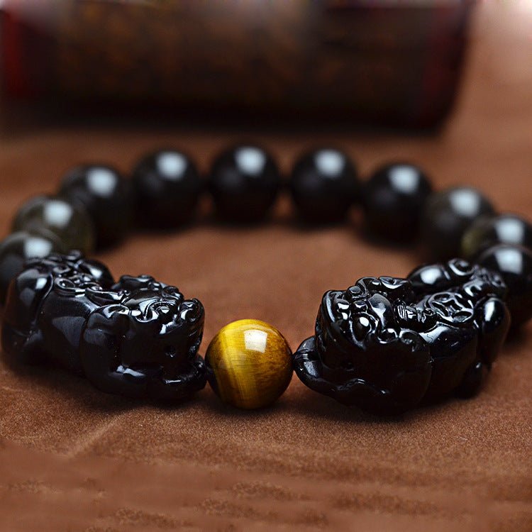 Fortune Lotus Obsidian and Gold Obsidian Pixiu Bracelet – Feng Shui Wealth &amp; Protection Talisman – Bracelet for tags