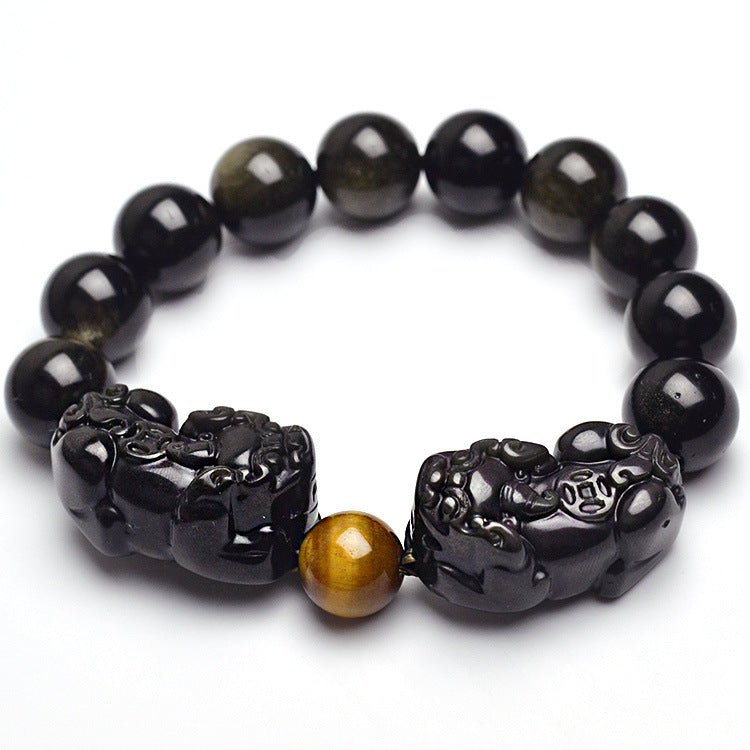 Fortune Lotus Obsidian and Gold Obsidian Pixiu Bracelet – Feng Shui Wealth &amp; Protection Talisman – Bracelet for tags