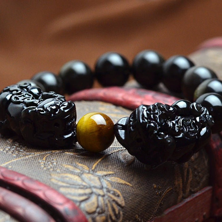 Fortune Lotus Obsidian and Gold Obsidian Pixiu Bracelet – Feng Shui Wealth &amp; Protection Talisman – Bracelet for tags