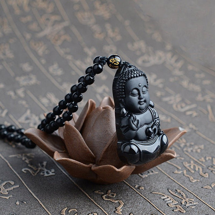 Fortune Lotus Obsidian Buddha Pendant – Hand - Carved Crystal Talisman for Peace &amp; Protection – Necklace for tags