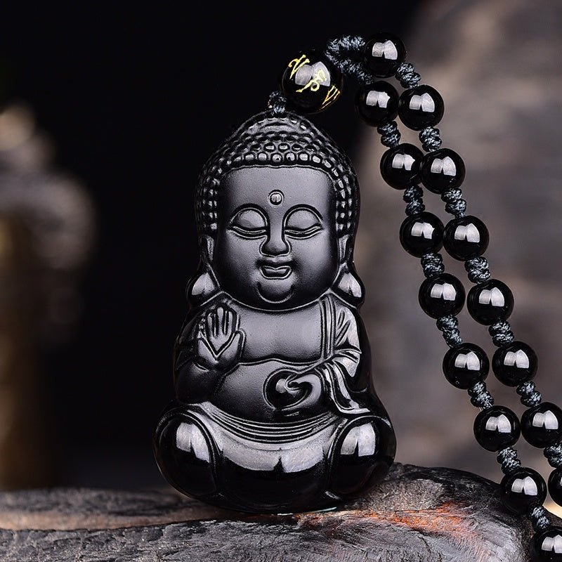 Fortune Lotus Obsidian Buddha Pendant – Hand - Carved Crystal Talisman for Peace &amp; Protection – Necklace for tags