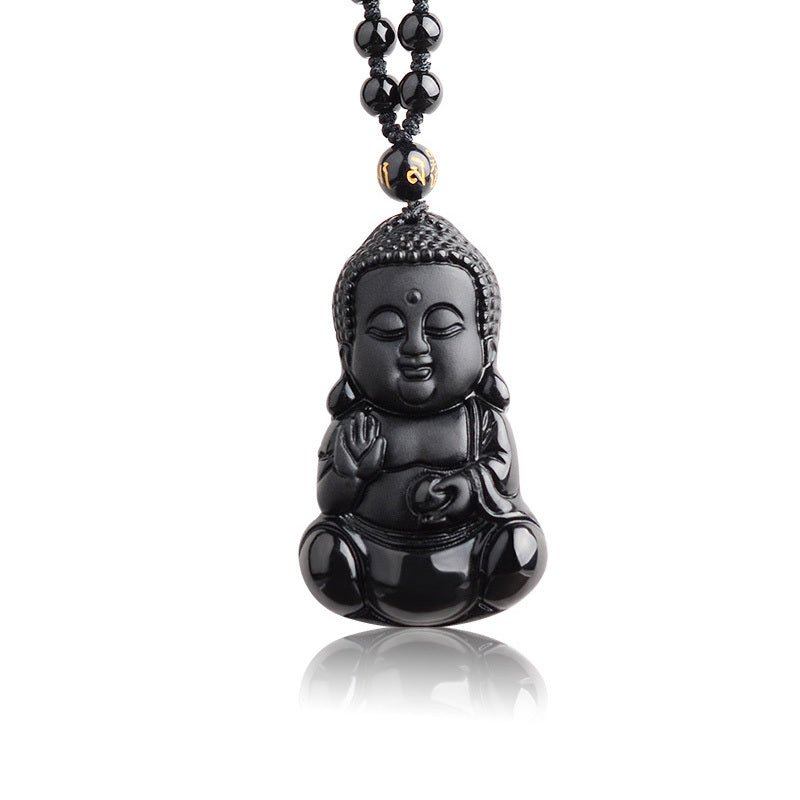 Fortune Lotus Obsidian Buddha Pendant – Hand - Carved Crystal Talisman for Peace &amp; Protection – Necklace for tags