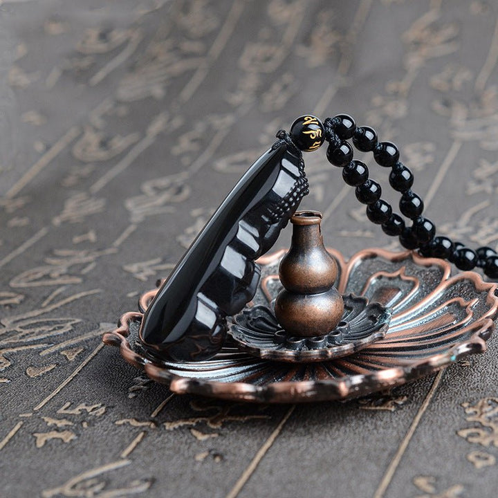 Fortune Lotus Obsidian Buddha Pendant – Hand - Carved Crystal Talisman for Peace &amp; Protection – Necklace for tags