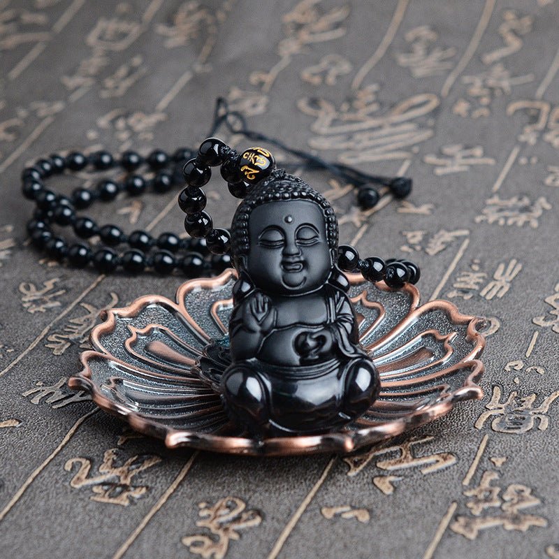 Fortune Lotus Obsidian Buddha Pendant – Hand - Carved Crystal Talisman for Peace &amp; Protection – Necklace for tags