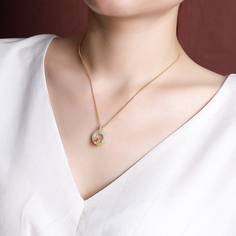 Fortune Lotus S925 Sterling Silver Gold-Plated Hetian Jade Flower Peace Buckle Necklace – Timeless Symbol of Harmony Bracelet