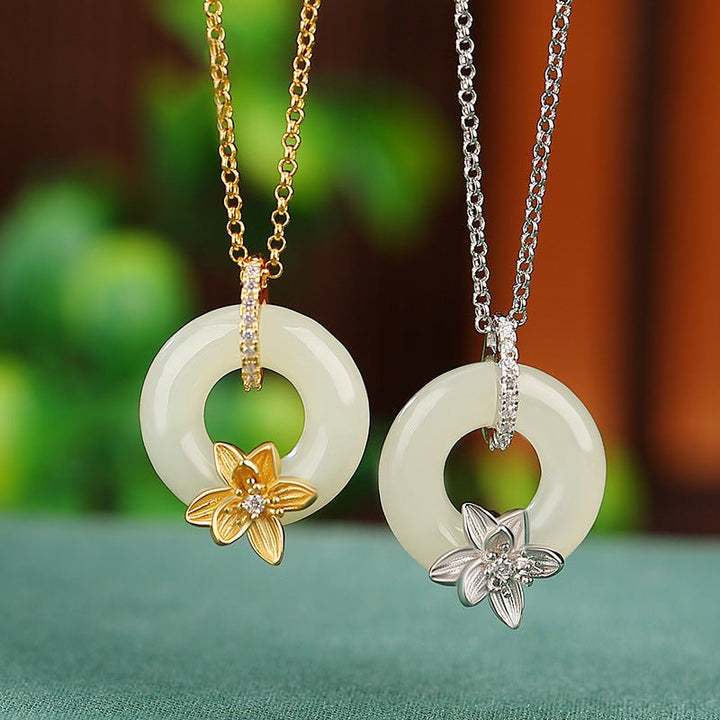 Fortune Lotus S925 Sterling Silver Gold-Plated Hetian Jade Flower Peace Buckle Necklace – Timeless Symbol of Harmony Bracelet