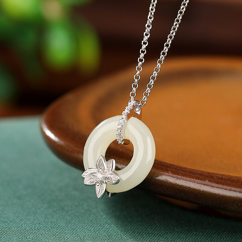 Fortune Lotus S925 Sterling Silver Gold-Plated Hetian Jade Flower Peace Buckle Necklace – Timeless Symbol of Harmony Bracelet