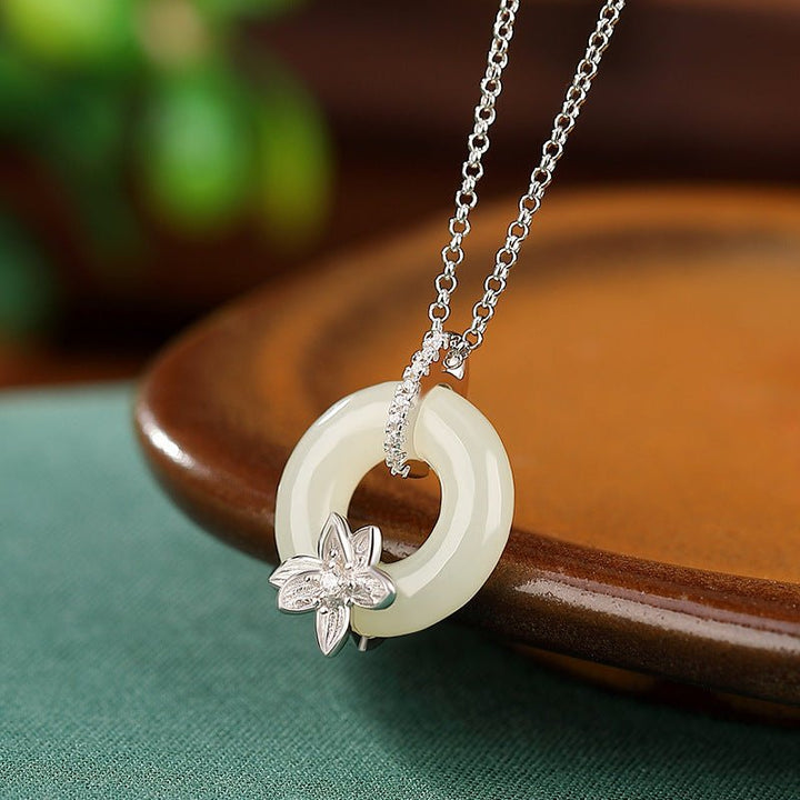 Fortune Lotus S925 Sterling Silver Gold-Plated Hetian Jade Flower Peace Buckle Necklace – Timeless Symbol of Harmony Bracelet