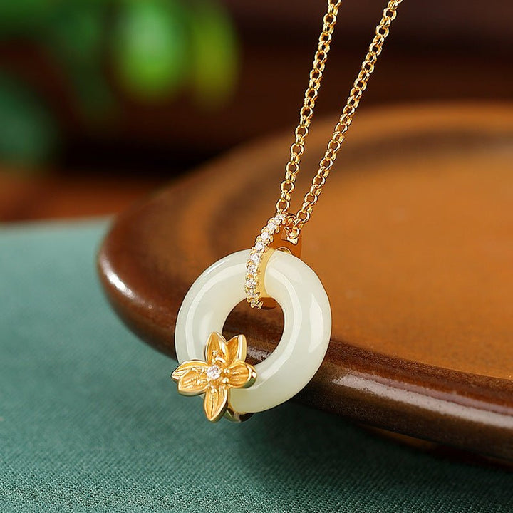 Fortune Lotus S925 Sterling Silver Gold-Plated Hetian Jade Flower Peace Buckle Necklace – Timeless Symbol of Harmony Bracelet