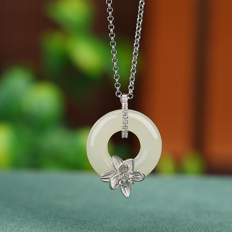 Fortune Lotus S925 Sterling Silver Gold-Plated Hetian Jade Flower Peace Buckle Necklace – Timeless Symbol of Harmony Bracelet
