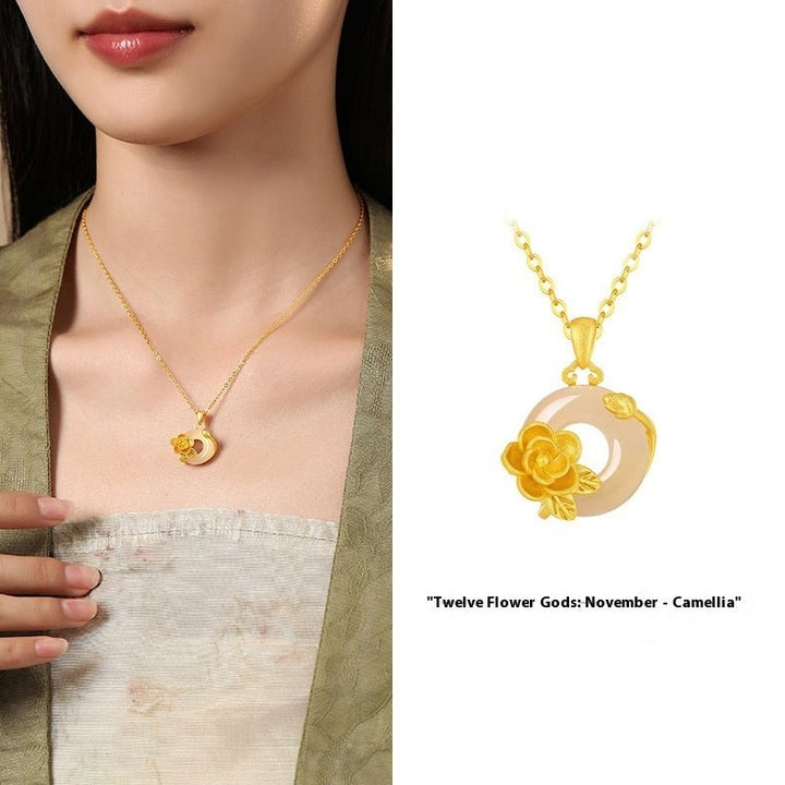 Fortune Lotus The 12 Flora Series – White Chalcedony Safety Buckle Pendant Necklace – Necklace for tags