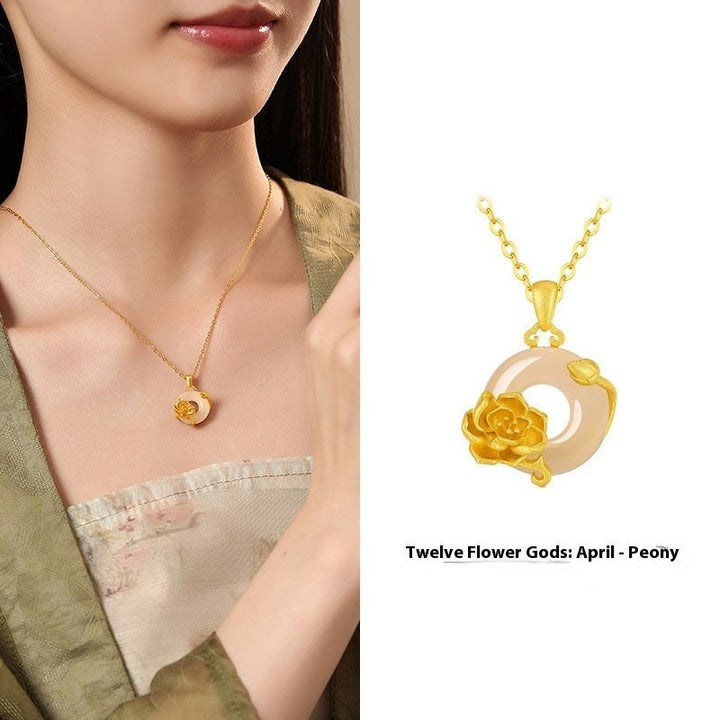 Fortune Lotus The 12 Flora Series – White Chalcedony Safety Buckle Pendant Necklace – Necklace for tags