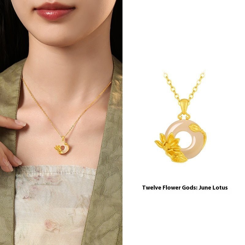 Fortune Lotus The 12 Flora Series – White Chalcedony Safety Buckle Pendant Necklace – Necklace for tags