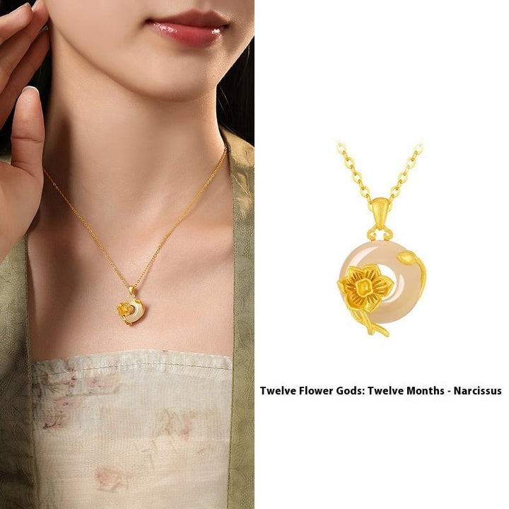 Fortune Lotus The 12 Flora Series – White Chalcedony Safety Buckle Pendant Necklace – Necklace for tags