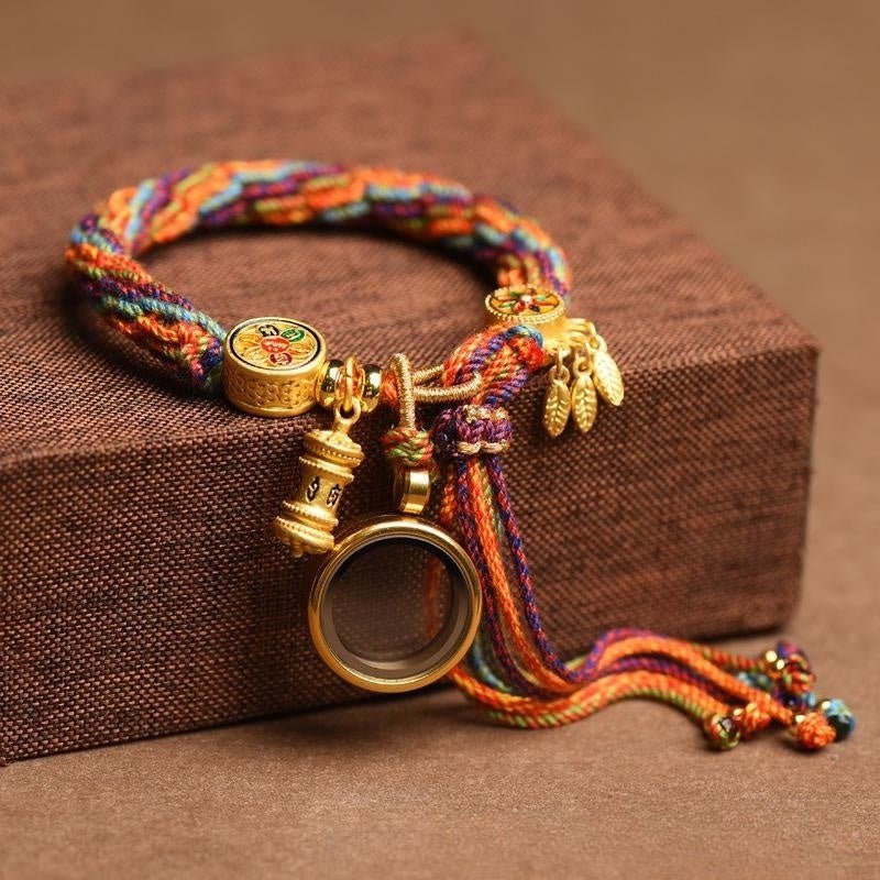 Fortune Lotus Tibetan Hand - Woven Cycle Bracelet – Multicolor Rope with Prayer Wheel Charms – Bracelet for tags