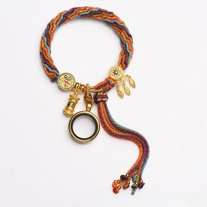 Fortune Lotus Tibetan Hand - Woven Cycle Bracelet – Multicolor Rope with Prayer Wheel Charms – Bracelet for tags