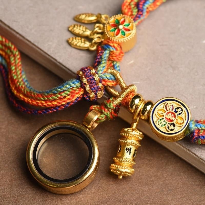 Fortune Lotus Tibetan Hand - Woven Cycle Bracelet – Multicolor Rope with Prayer Wheel Charms – Bracelet for tags