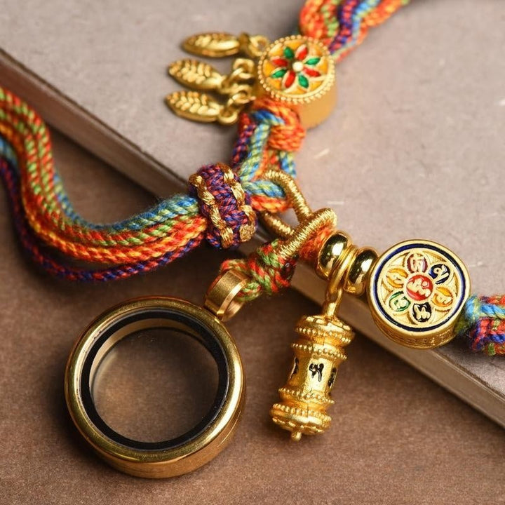 Fortune Lotus Tibetan Hand - Woven Cycle Bracelet – Multicolor Rope with Prayer Wheel Charms – Bracelet for tags
